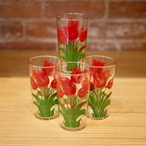 Set of 4 Vintage Red Tulip Glasses